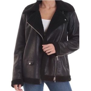 Avec Les Filles Black Faux Shearling Leather Biker Moto Jacket Womens Large